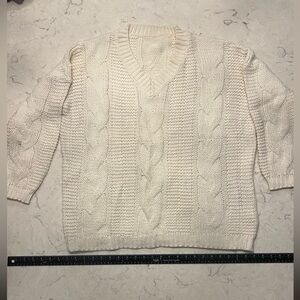 Elegant Cream V-Neck Cable Knit Sweater